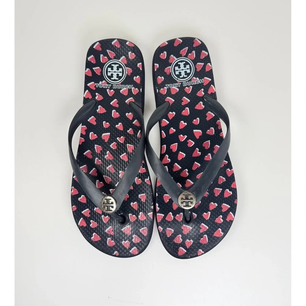 Tory Burch Heart Print Flip Flop Sandals Navy Pink Logo Womens Size 8